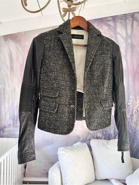 DSQUARED2 Black Tweed Blazer with Black Leather Sleeves